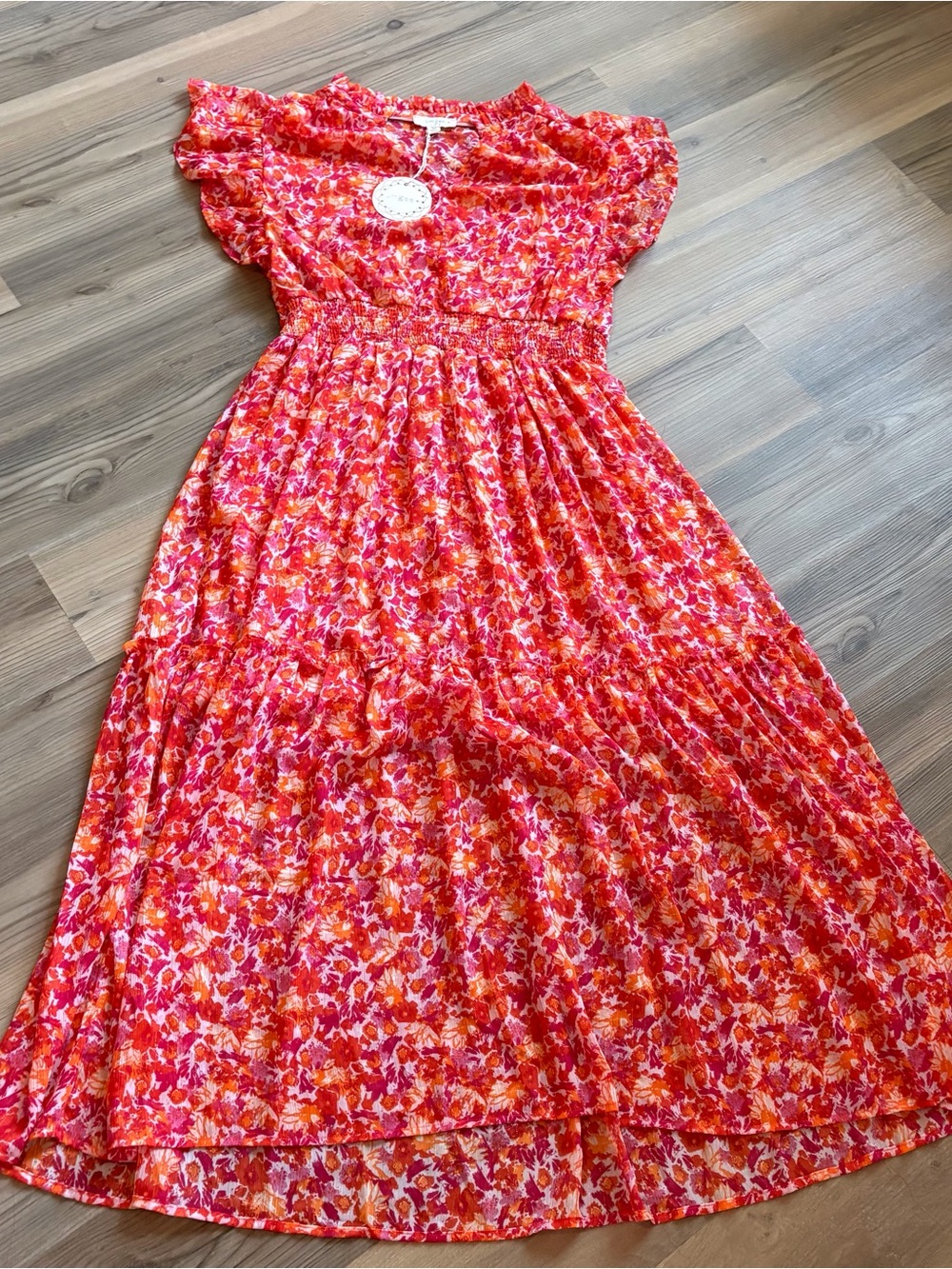 Umgee Floral, Sheer Pink-Red Maxi Dress with Smocked Waist Size 2X NWT